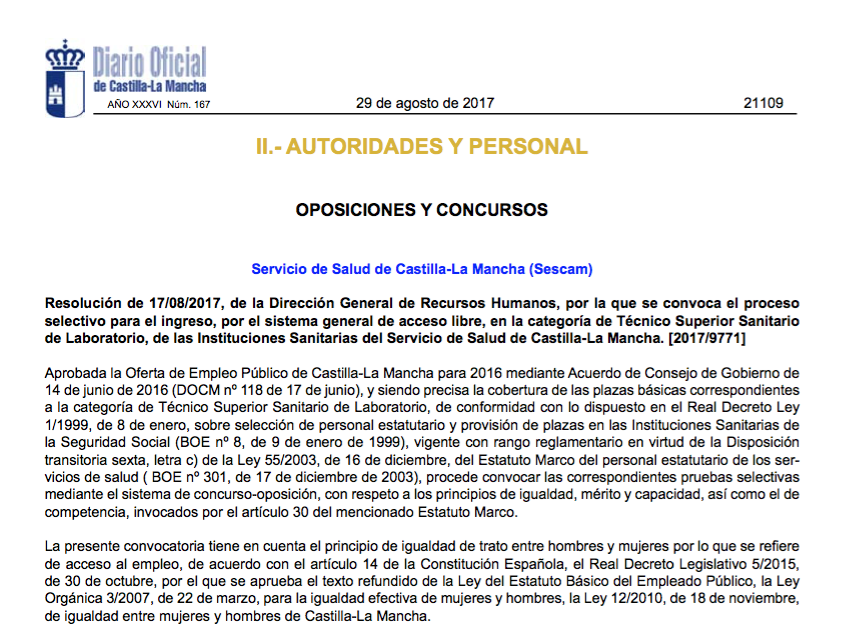 Convocatoria oposiciones Sescam Tecnico de Laboratorio Oposiciones Sescam Técnico de Laboratorio