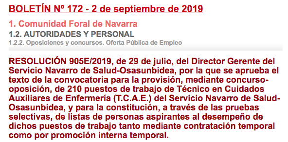 Convocatoria TCAE Navarra 2019