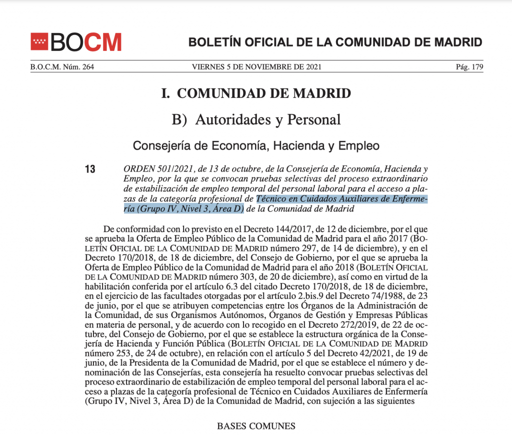 Convocatoria de pruebas selectivas del proceso extraordinario de estabilización de TCAE para la Comunidad de Madrid 2021