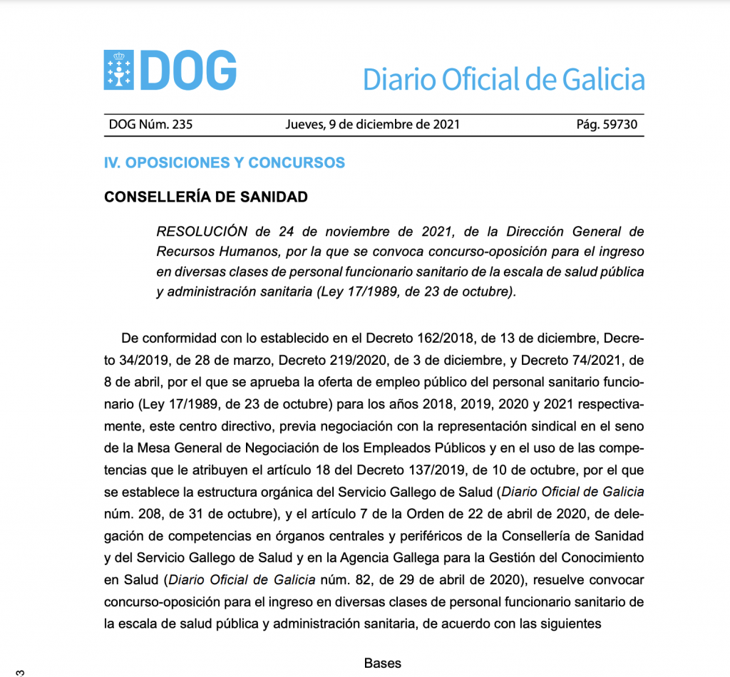 Convocatoria concurso oposición Ley 17 1989 de Galicia