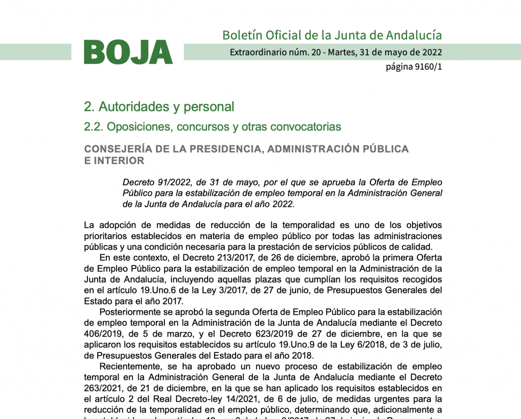 Captura Boletín Oficial Andalucía OPE Estabilización 2022
