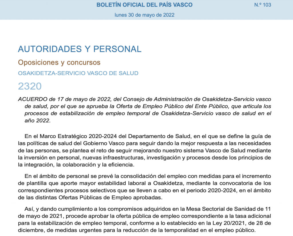 Portada Boletín Oficial País Vasco OPE estabilización 2022