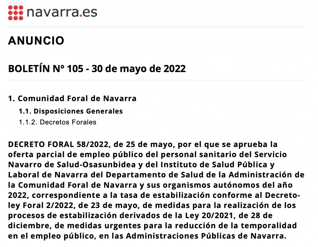 Captura Boletín Oficial de Navarra operaciones 2022 Estabilización