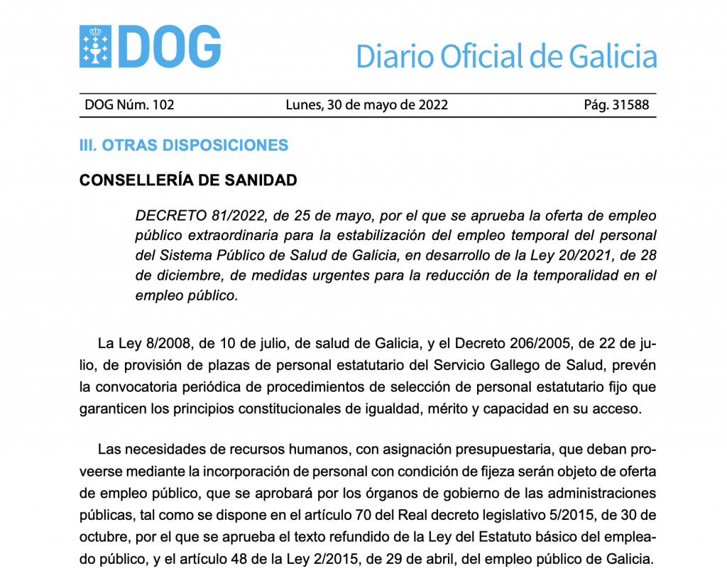 Captura DOG Galicia OPE Estabilización 2022