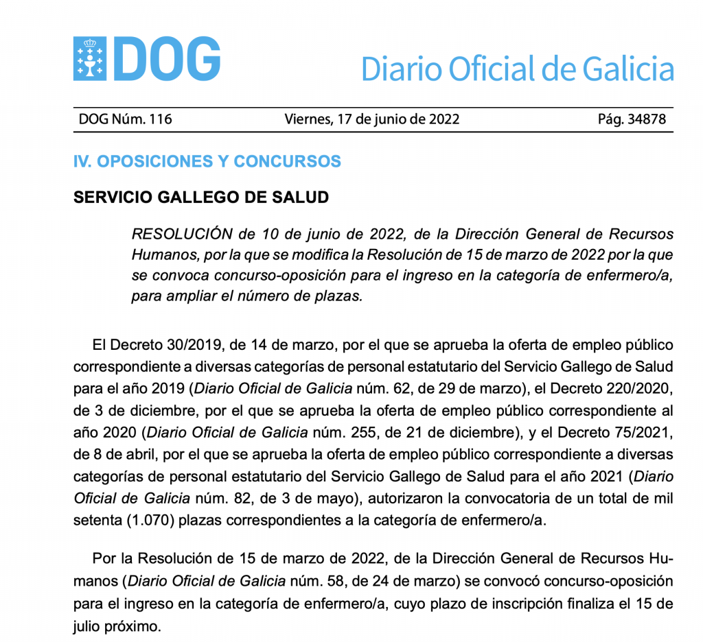 Captura DOG Galicia ampliación plazas 2022 enfermería