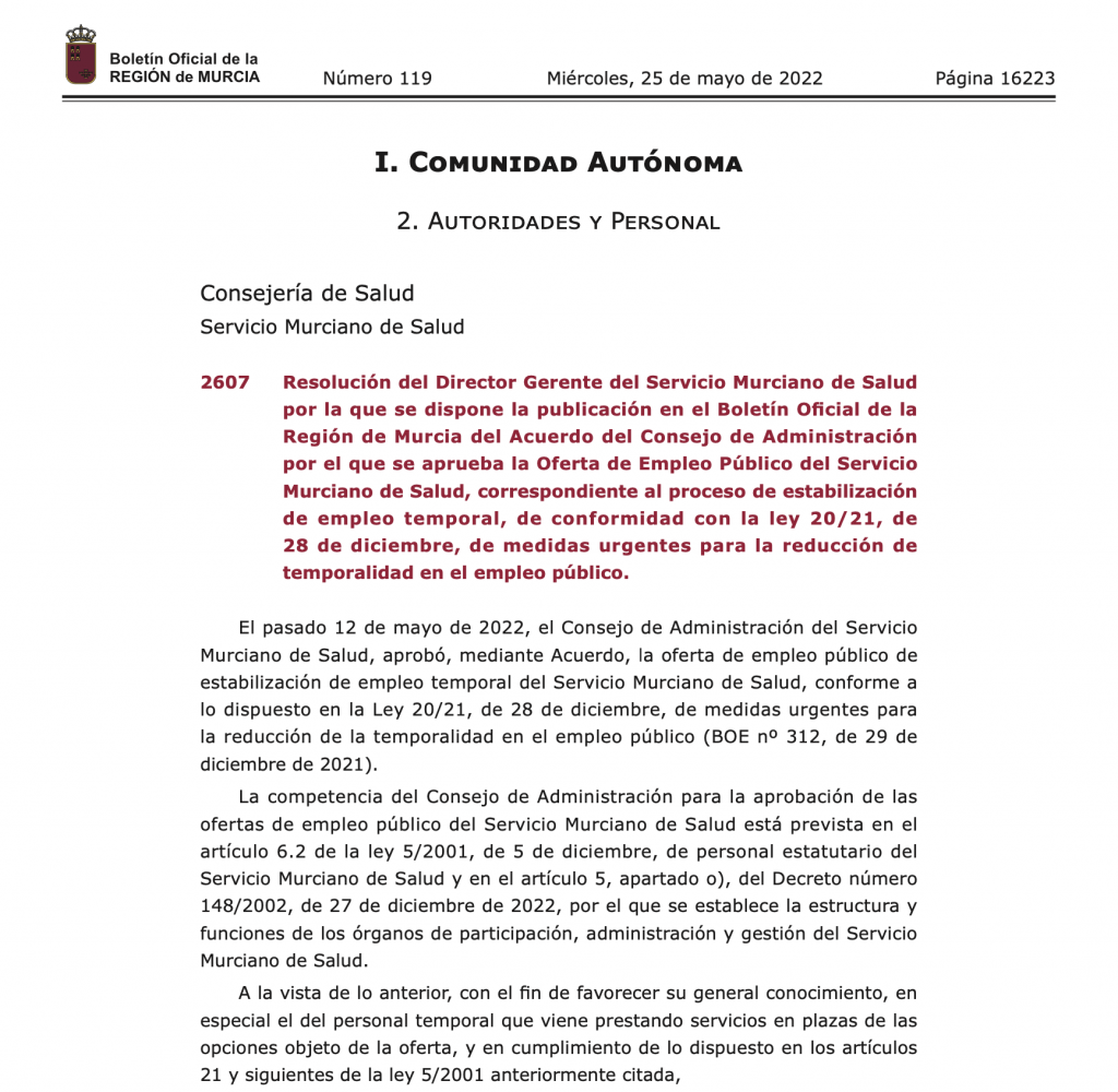 Portada Boletín Oficial Murcia OPE 2022