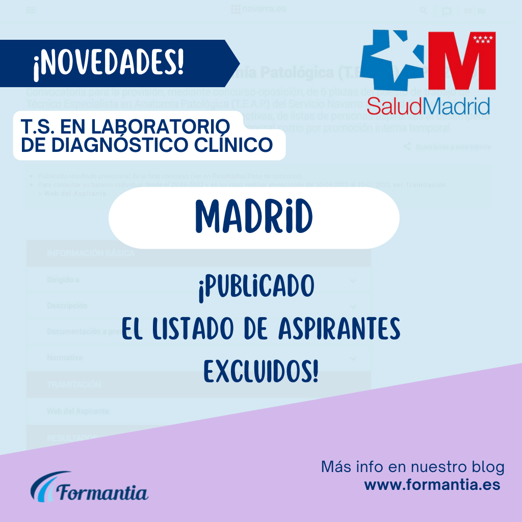 T.S. en Laboratorio para Madrid. Publicado el 29 de julio de 2022 el listado de aspirantes excluidos.