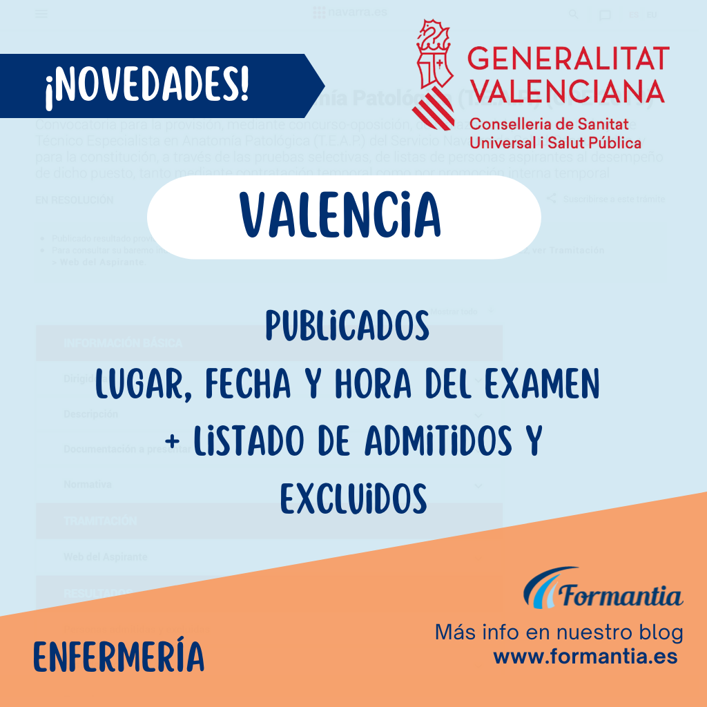Publicado el listado de admitidos y excluidos así como la fecha hora y lugar de la prueba de enfermería para Valencia.