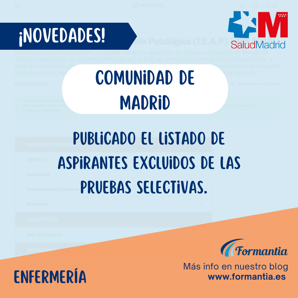Listado de aspirantes excluidos de las pruebas selectivas de Enfermería para el Servicio Madrileño de Salud.